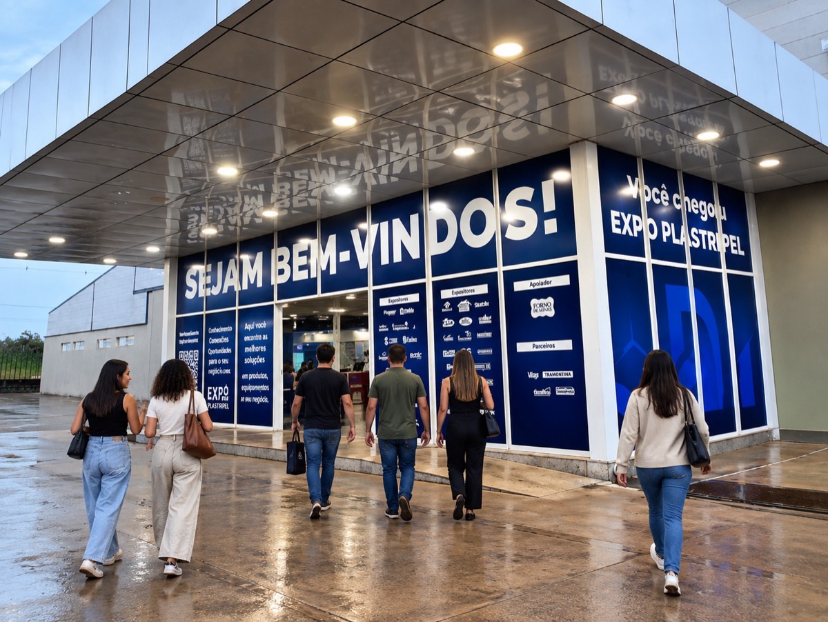 Entrada da Expo Plastripel com visitantes chegando ao evento